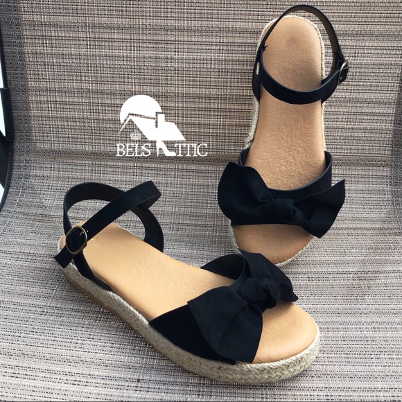 Black open Toe Bow Espadrille Flatform Sandals - Picture 6 of 6